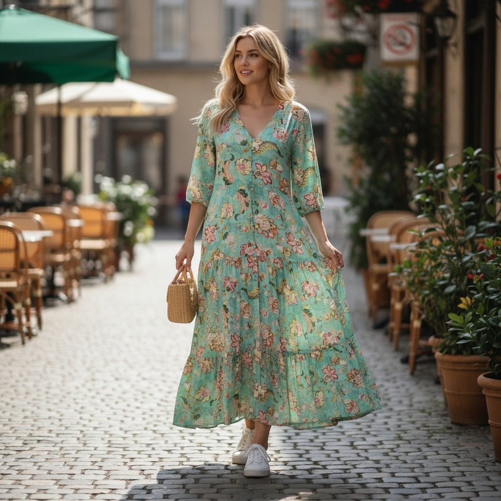 Sunday Mi Amor Floral Maxi Dress Womens XS Green Boho Tiered Rayon V-Neck